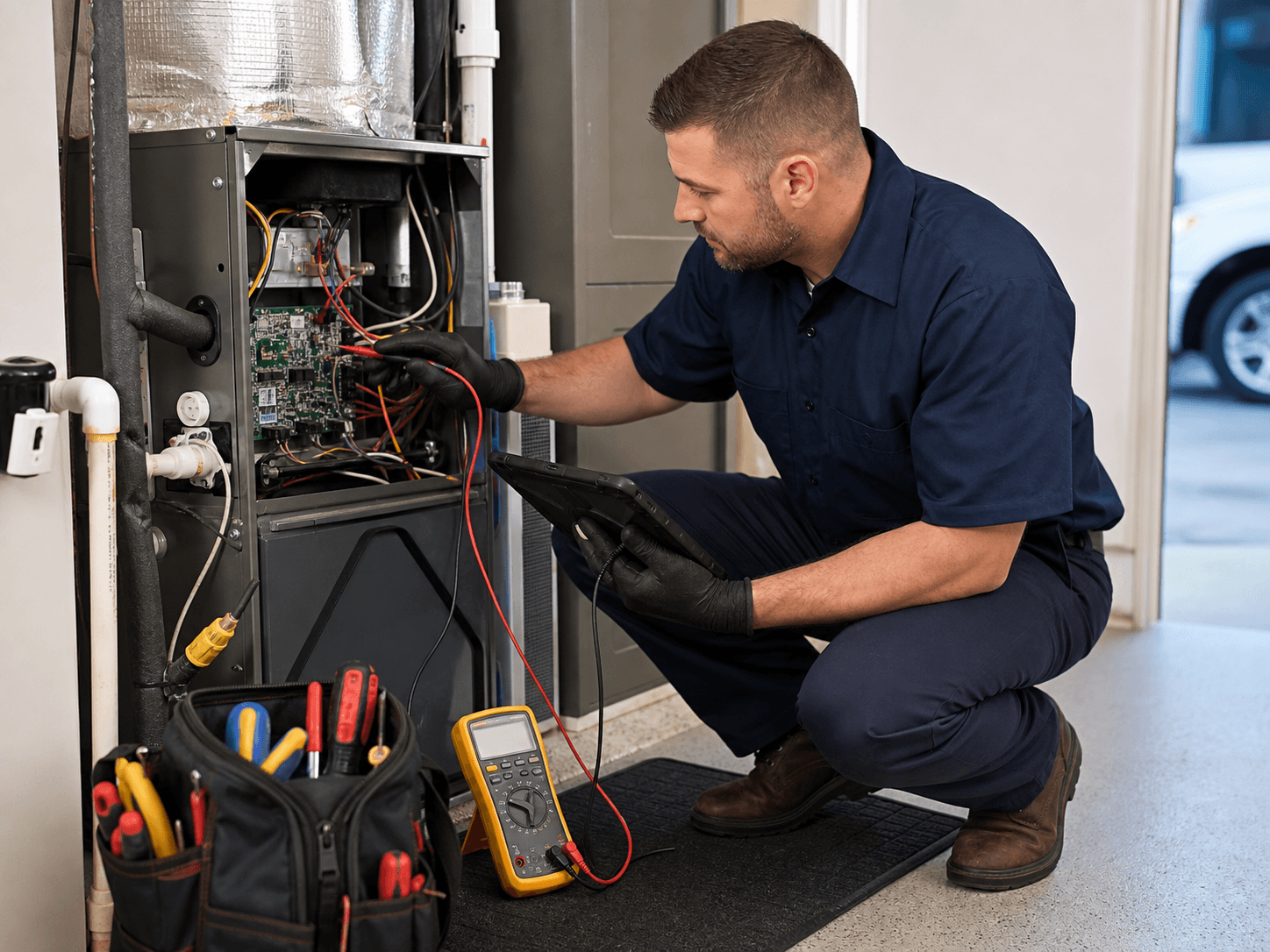 Illustrative HVAC technician inspecting an indoor air handler control board