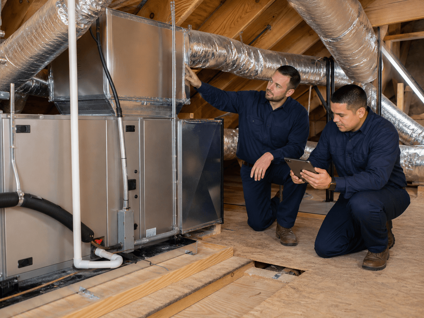 Illustrative HVAC technicians reviewing ductwork and indoor system installation